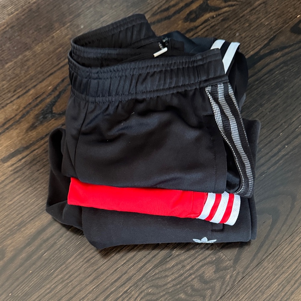 Adidas Kids Black Joggers with Red and White Stripes